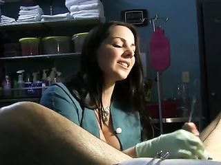 Nurse Stretches Slave's Urethra with Rosebud Sounds and Green Latex Gloves